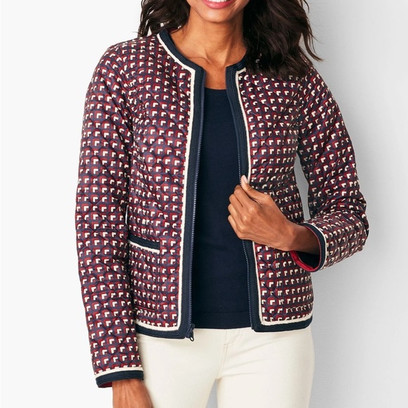 Talbots Reversible Quilted Jacket XS – Navy & Red Geometric Print - Picture 1 of 16